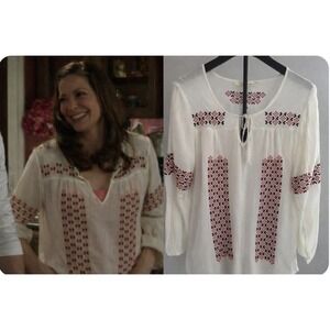 Solitaire Boho Embroidered Peasant Blouse White Orange Navy Rayon Size L